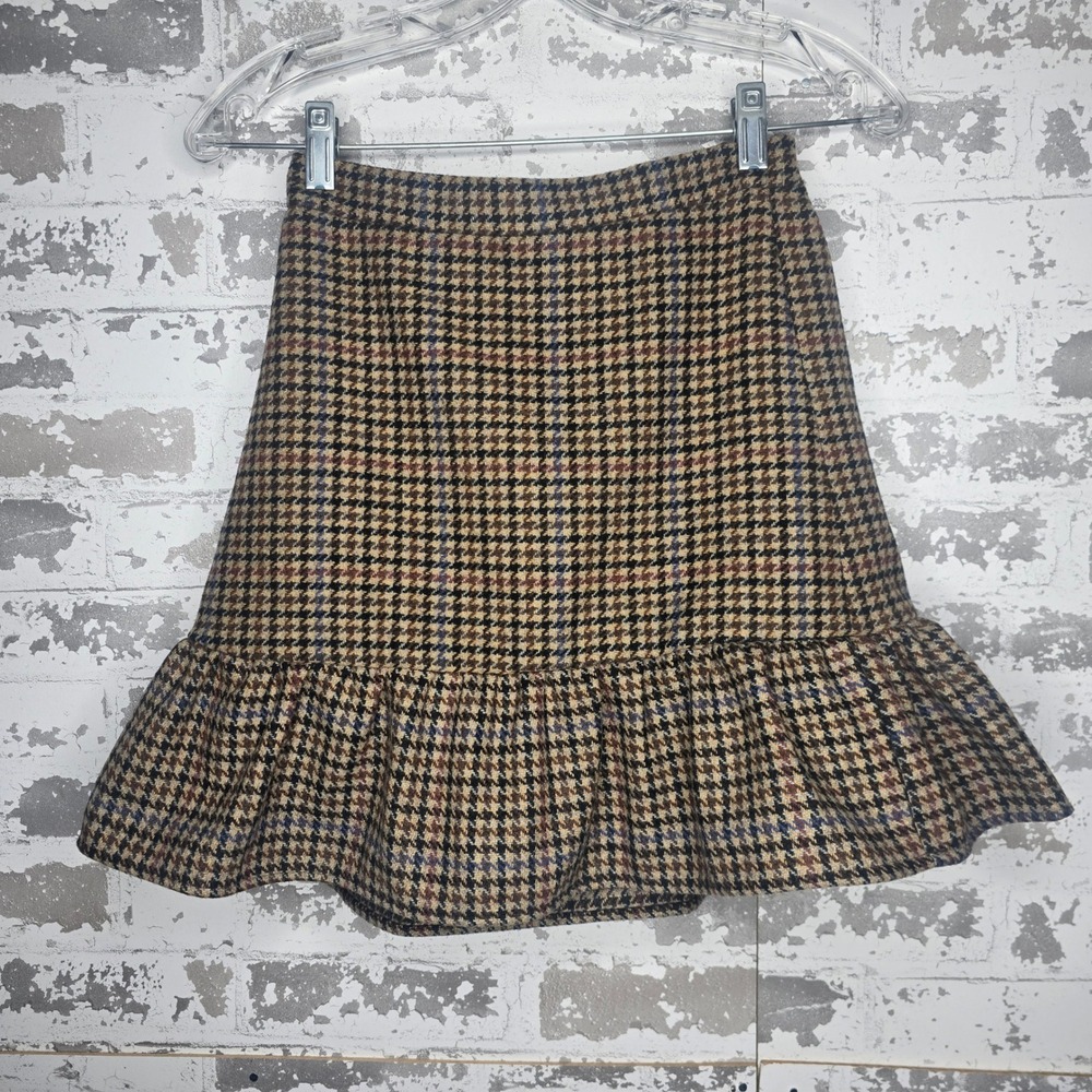 J.Crew Mercantile Houndstooth Flounce Mini Skirt Wool Brown J4493 Size 00 NEW